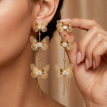 Ethereal Flutter: Triple-Tiered Butterfly Drop Earrings in 18K Gold Finish
