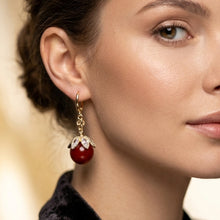 Gold-Plated Zircon Flower & Red Pearl Drop Earrings