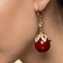 Gold-Plated Zircon Flower & Red Pearl Drop Earrings