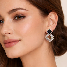 Korean-Style Noir Square Drop Earrings – Sparkling Crystal & Black Enamel Geometric Danglers