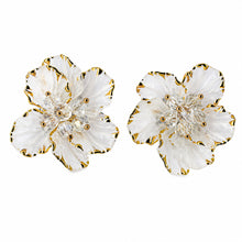 Elegant White Blossom Stud Earrings with Gold-Trimmed Petals and Crystal Center