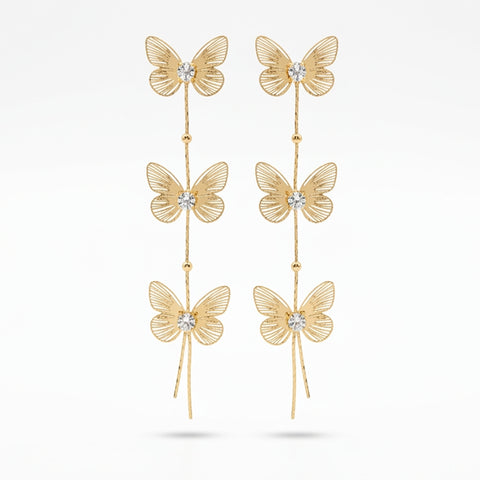 Ethereal Flutter: Triple-Tiered Butterfly Drop Earrings in 18K Gold Finish