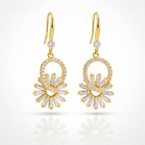 Gold-Plated Sunburst Baguette Drop Earrings with Cubic Zirconia Accents