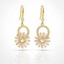 Gold-Plated Sunburst Baguette Drop Earrings with Cubic Zirconia Accents