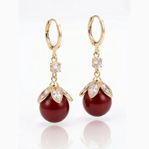 Gold-Plated Zircon Flower & Red Pearl Drop Earrings