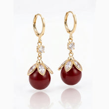 Gold-Plated Zircon Flower & Red Pearl Drop Earrings
