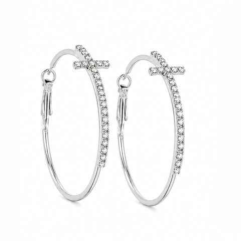 Rhinestone Encrusted Cross Hoop Earrings in Silver