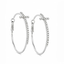 Rhinestone Encrusted Cross Hoop Earrings in Silver
