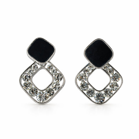 Korean-Style Noir Square Drop Earrings – Sparkling Crystal & Black Enamel Geometric Danglers