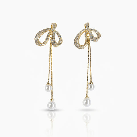Carlton London Gold-Plated Bow & Dangling Pearl Contemporary Drop Earrings