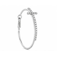 Rhinestone Encrusted Cross Hoop Earrings in Silver