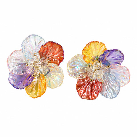 Iridescent Multi-Color Camellia Flower Stud Earrings – Bold Floral Statements