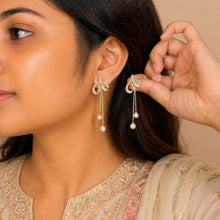 Carlton London Gold-Plated Bow & Dangling Pearl Contemporary Drop Earrings