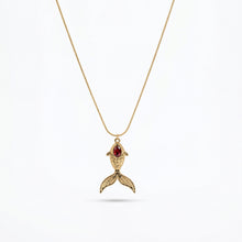 Ornate Celestial Fish Tail Necklace – Ruby-Red Inset Gold Charm