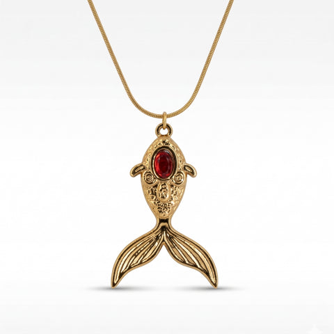 Ornate Celestial Fish Tail Necklace – Ruby-Red Inset Gold Charm