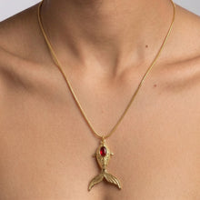 Ornate Celestial Fish Tail Necklace – Ruby-Red Inset Gold Charm