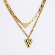Double Layered Heart Pendant Necklace - Gold Plated Paperclip & Curb Chain