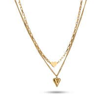 Double Layered Heart Pendant Necklace - Gold Plated Paperclip & Curb Chain