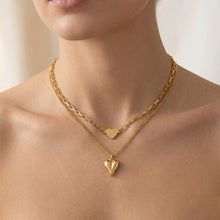 Double Layered Heart Pendant Necklace - Gold Plated Paperclip & Curb Chain