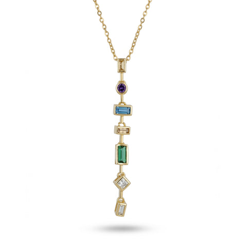 Chroma Cascade Geometric Pendant Necklace – 18K Gold Plated Multi-Gemstone Vertical Drop Necklace