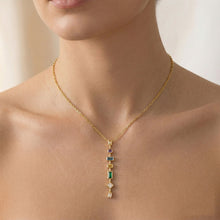 Chroma Cascade Geometric Pendant Necklace – 18K Gold Plated Multi-Gemstone Vertical Drop Necklace