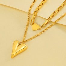 Double Layered Heart Pendant Necklace - Gold Plated Paperclip & Curb Chain