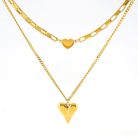 Double Layered Heart Pendant Necklace - Gold Plated Paperclip & Curb Chain