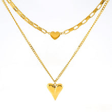 Double Layered Heart Pendant Necklace - Gold Plated Paperclip & Curb Chain