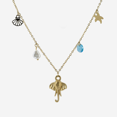 The Coastal Wanderer Charm Necklace - Non-Tarnish Gold Elephant & Sea Life Pendants